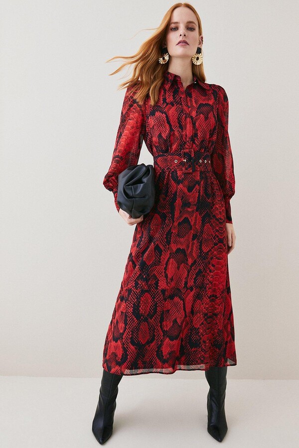 Karen Millen Snake Print Georgette Pleated Woven Shirt Dress