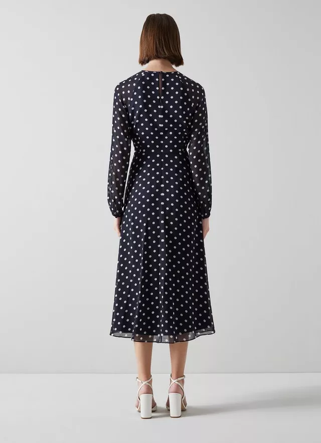 LK Bennett Addison Navy and Cream Spot Recycled Polyester Dress back view