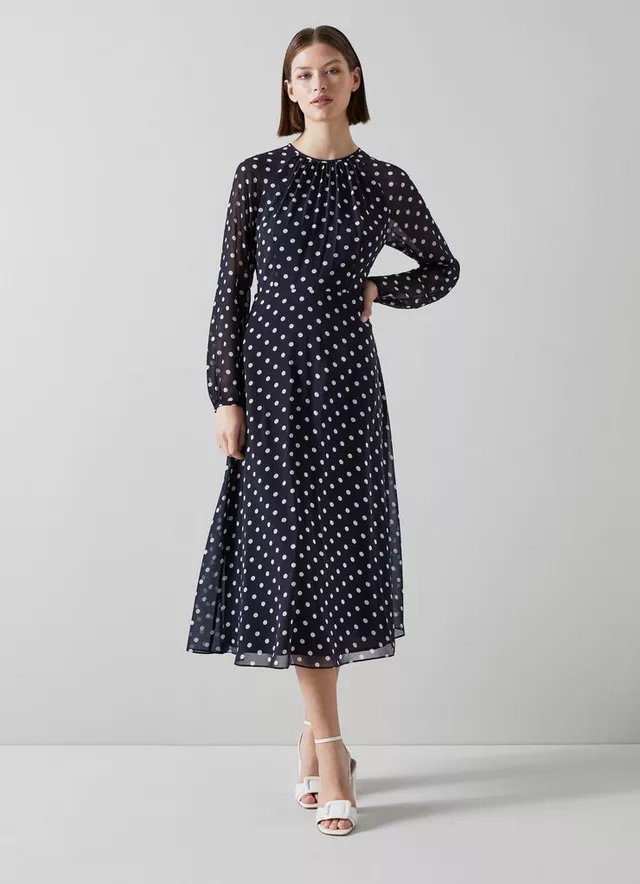 LK Bennett Addison Navy and Cream Spot Recycled Polyester Dress