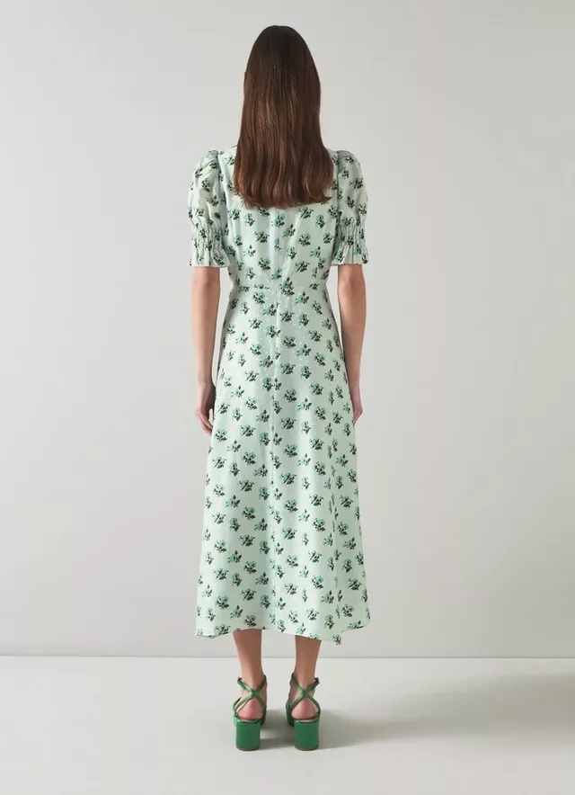 LK Bennett Tabitha Green Silk-Blend Spot Jacquard Primula Print Dress back view