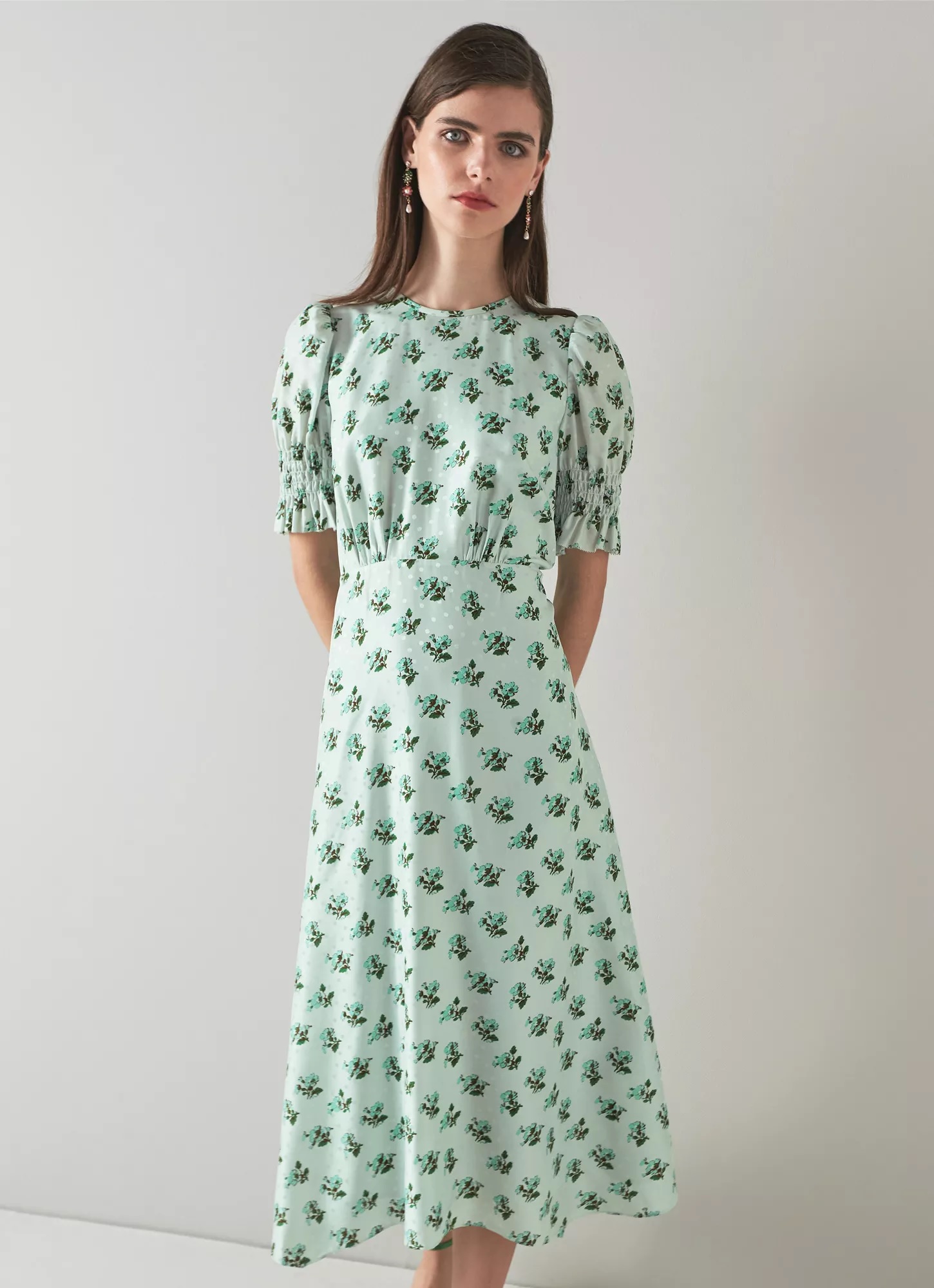 LK Bennett Tabitha Green Silk-Blend Spot Jacquard Primula Print Dress