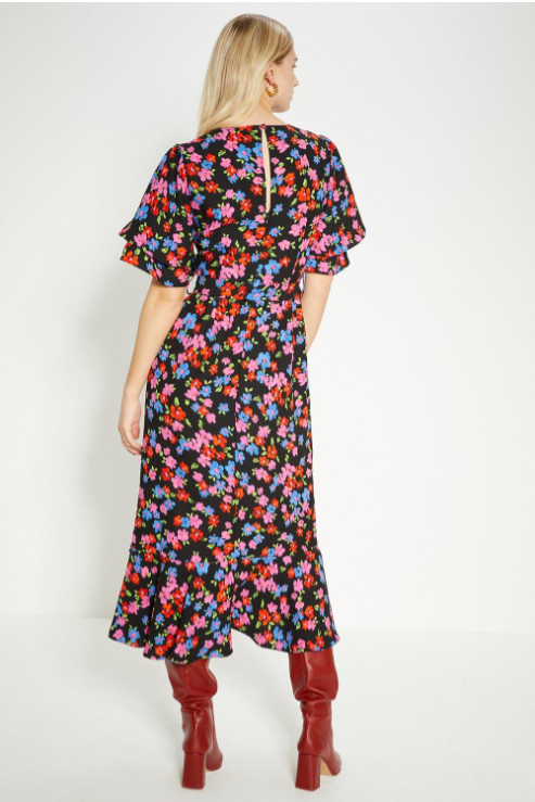 Oasis Floral Printed Frill Detail Belted Midi Dress back view