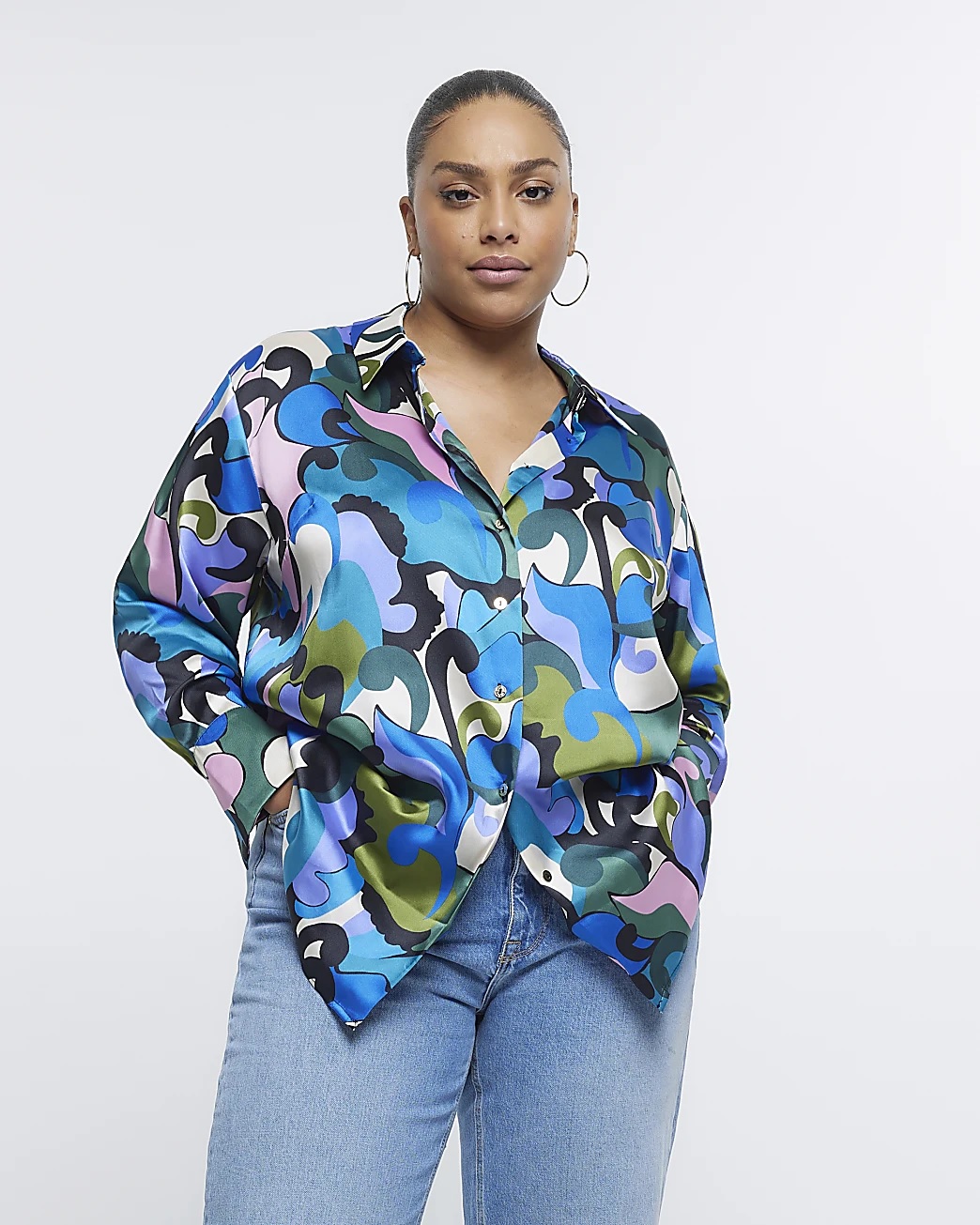 River Island Blue Print Oversized Satin Shirt