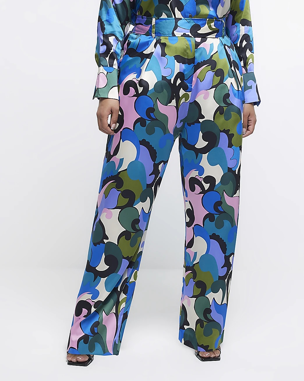 River Island Blue Print Satin Wide Leg Trousers