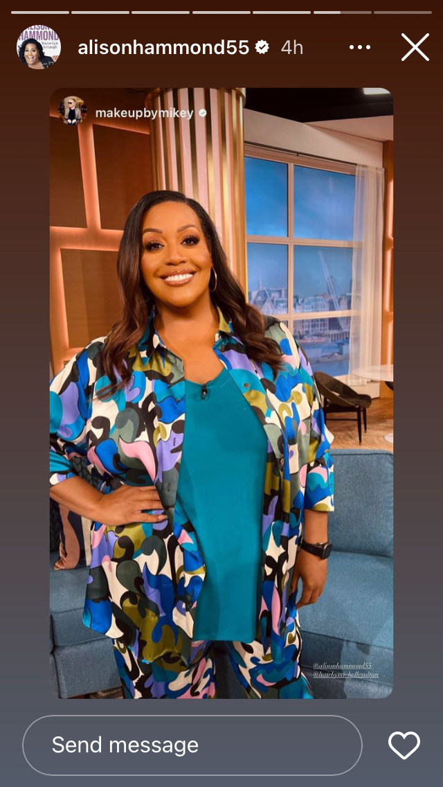 where to get all Alison Hammond This Morning outfits blue print satin shirt and trousers 17 February 2023 photo Mikey Phillips