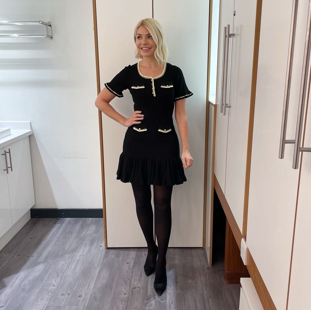 where to get all Holly Willoughby This Morning outfits dresses black mini dress with contrast trim black suede court shoes 2 February 2023 Photo Holly Willoughby