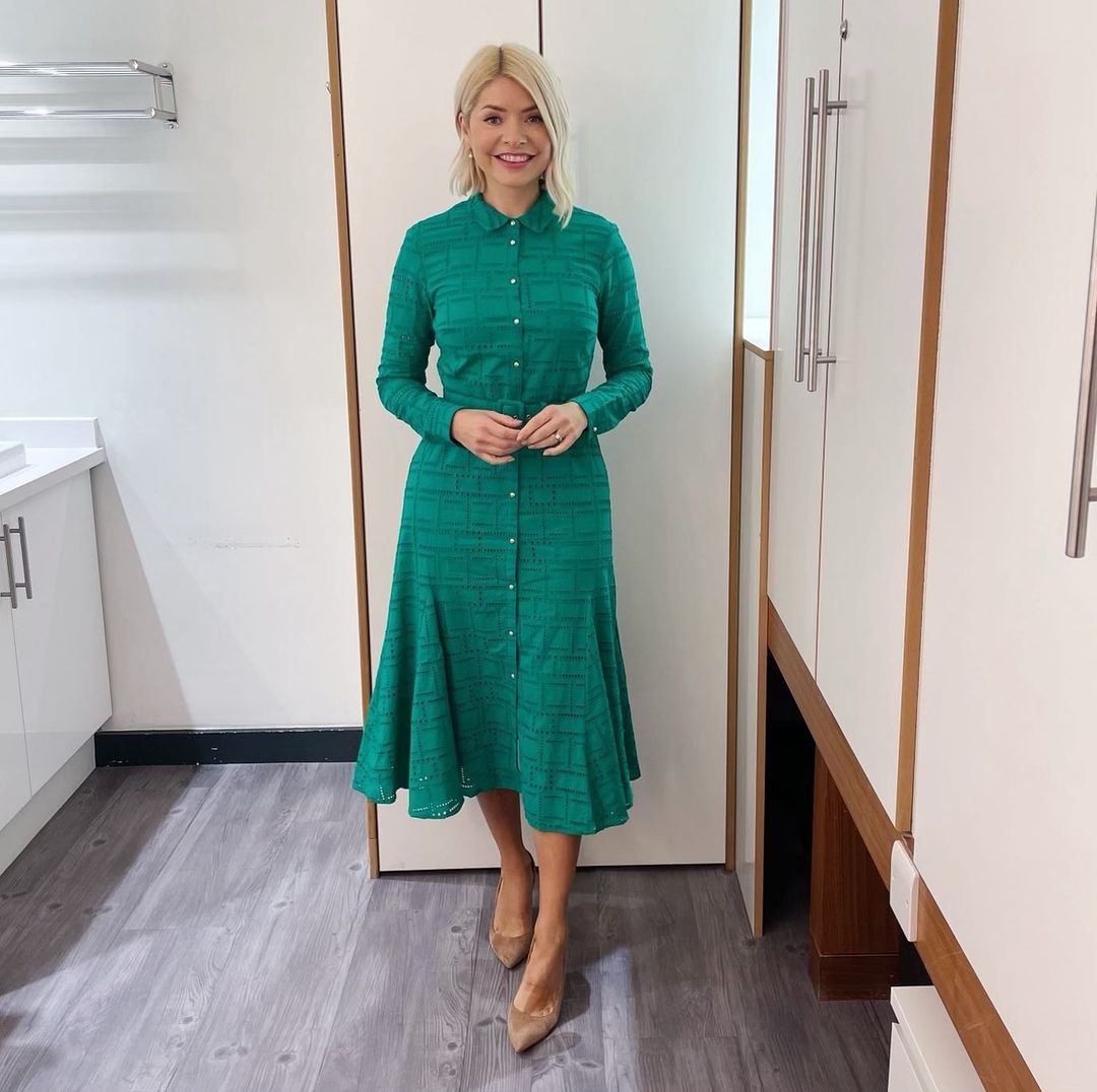 where to get all Holly Willoughby This Morning outfits dresses green broderie anglaise shirt dress nude suede court shoes 7 February 2023 Photo Holly Willoughby