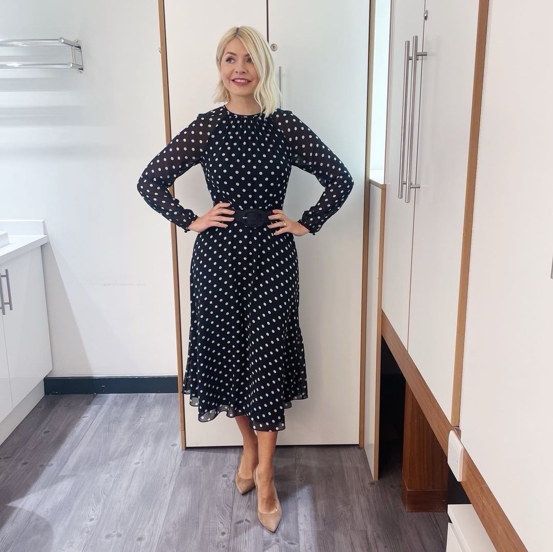 where to get all Holly Willoughby This Morning outfits dresses navy ad cream spot polka dot midi dress nude suede court shoes 8 February 2023 Photo Holly Willoughby