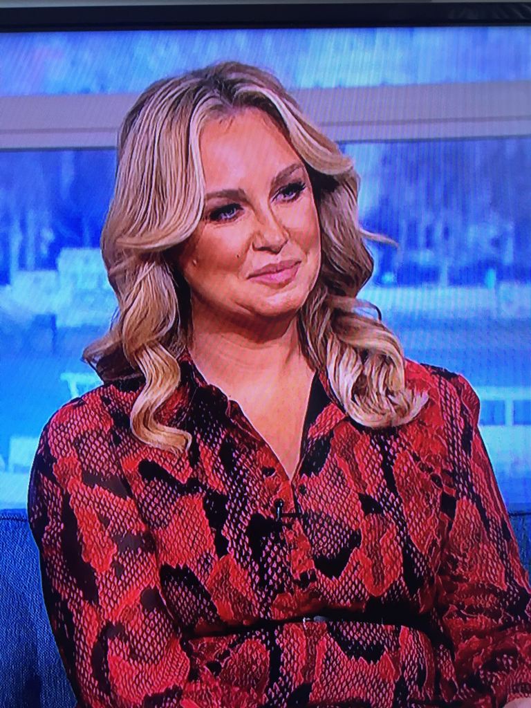 where to get all Josie Gibson This Morning dresses red snake print shirt dress with belt 14 February 2023 Photo Itv