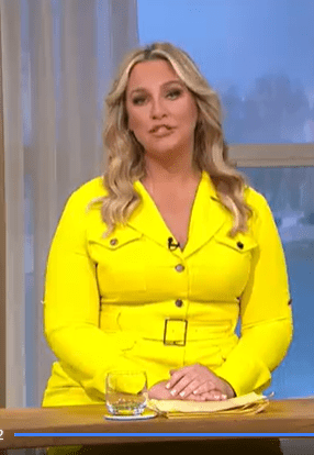 where to get all Josie Gibson This Morning dresses yellow shirtdress with metallic buttons 13 February 2023 Photo Itv v2