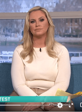 where to get all Josie Gibson This Morning outfits cream jumper light brown faux leather trousers 16 February 2023 Photo ITV