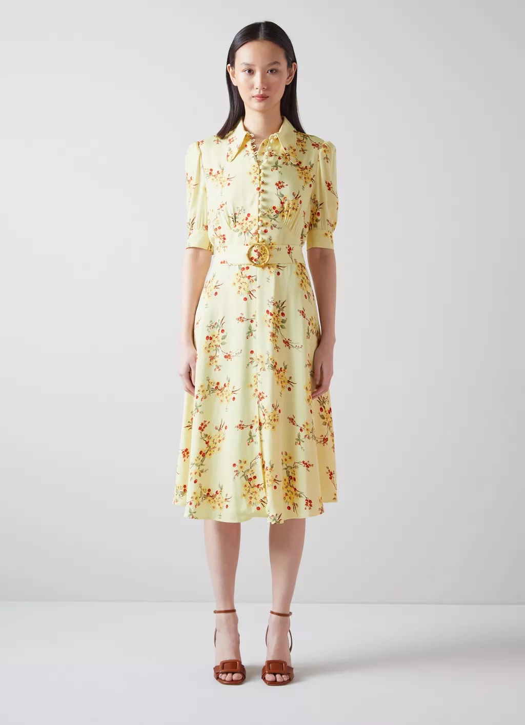 LK Bennett Amor Yellow And Red Cherry Blossom Print Crepe Dress