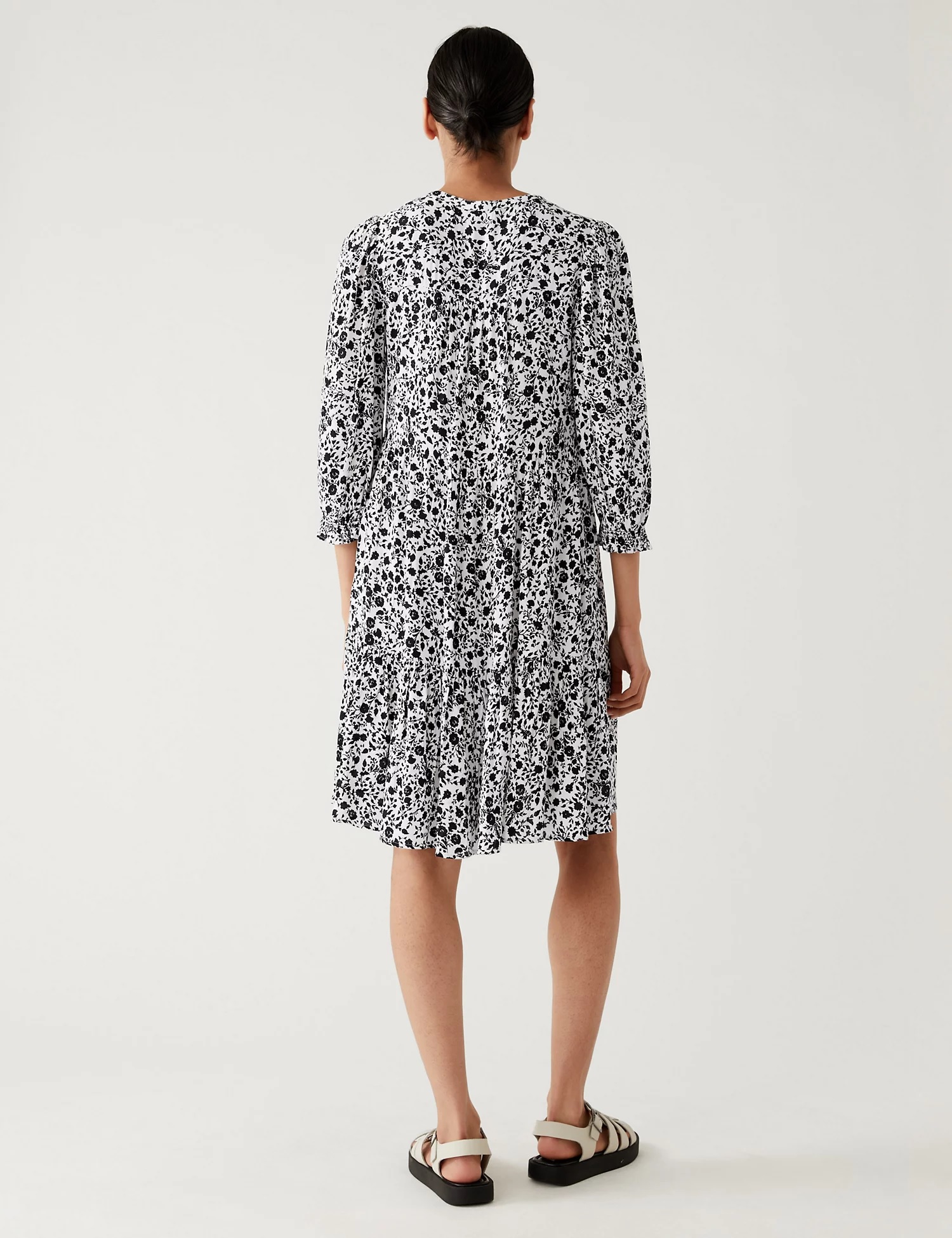 M&amp;S Printed Tie Neck Mini Tiered Dress back view