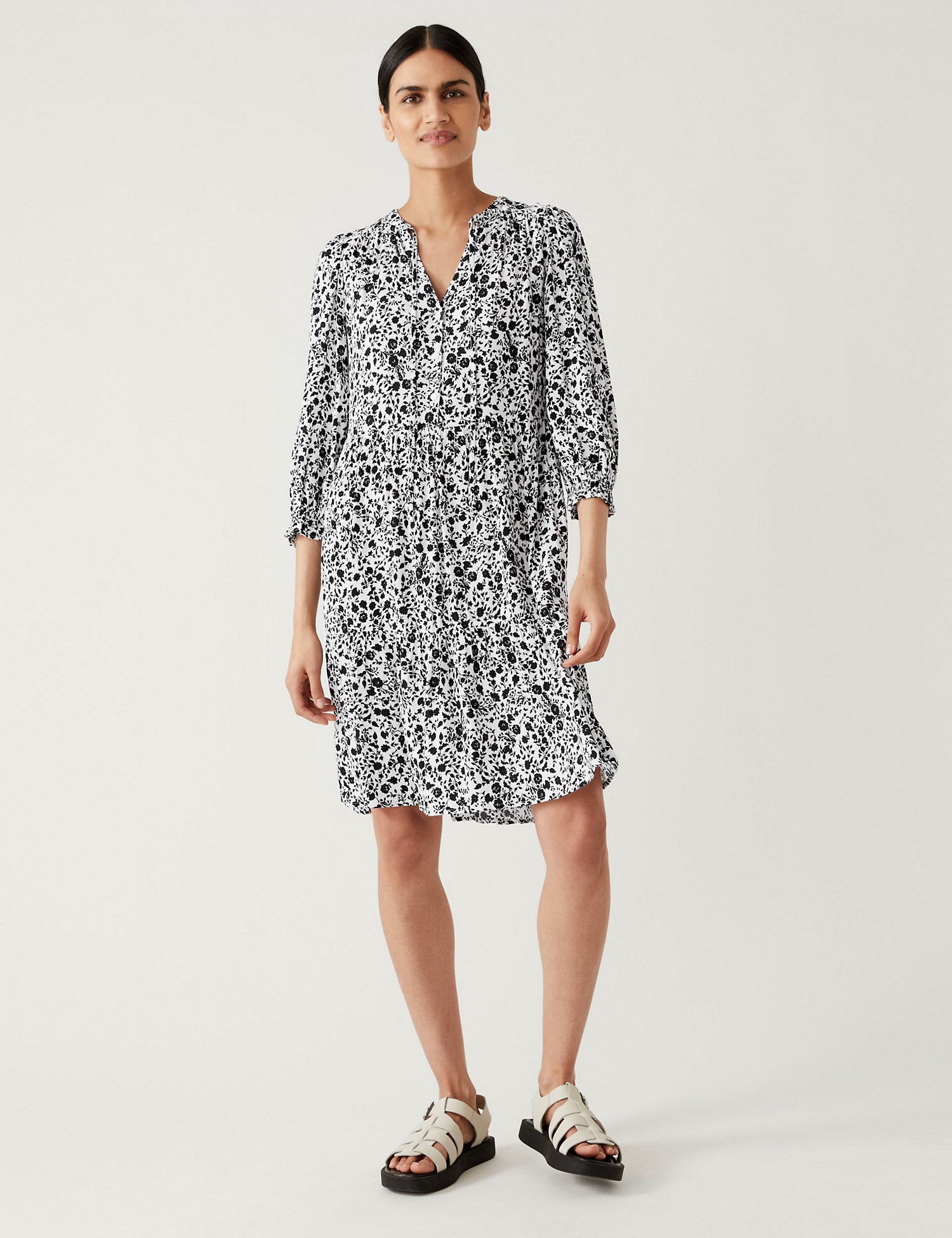 M&amp;S Printed Tie Neck Mini Tiered Dress