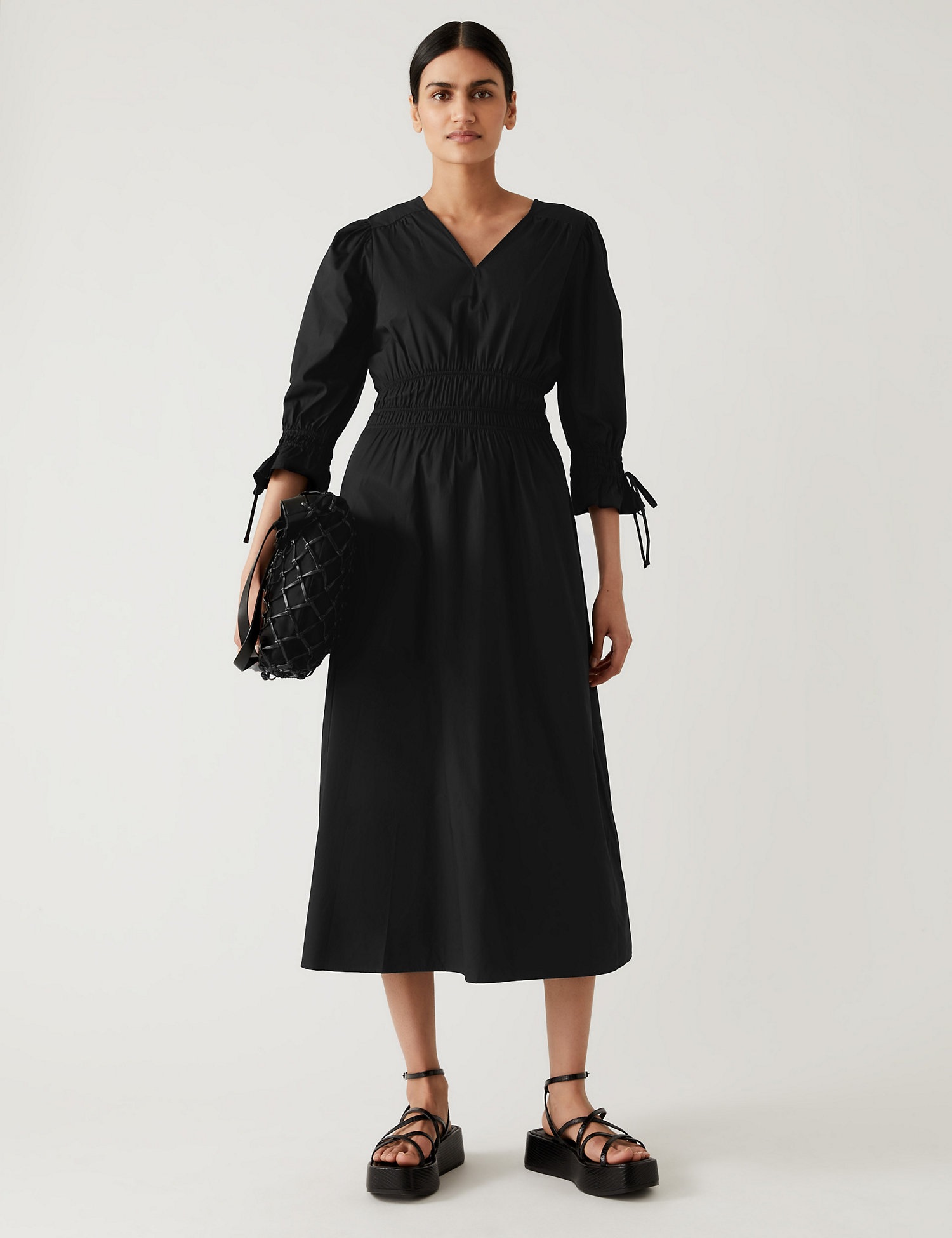 M&amp;S Pure Cotton V-Neck Midaxi Waisted Dress