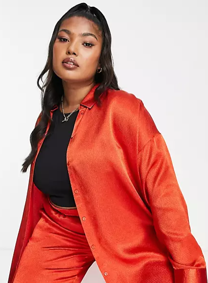 Vero Moda Curve oversized satin shirt co-ord in red