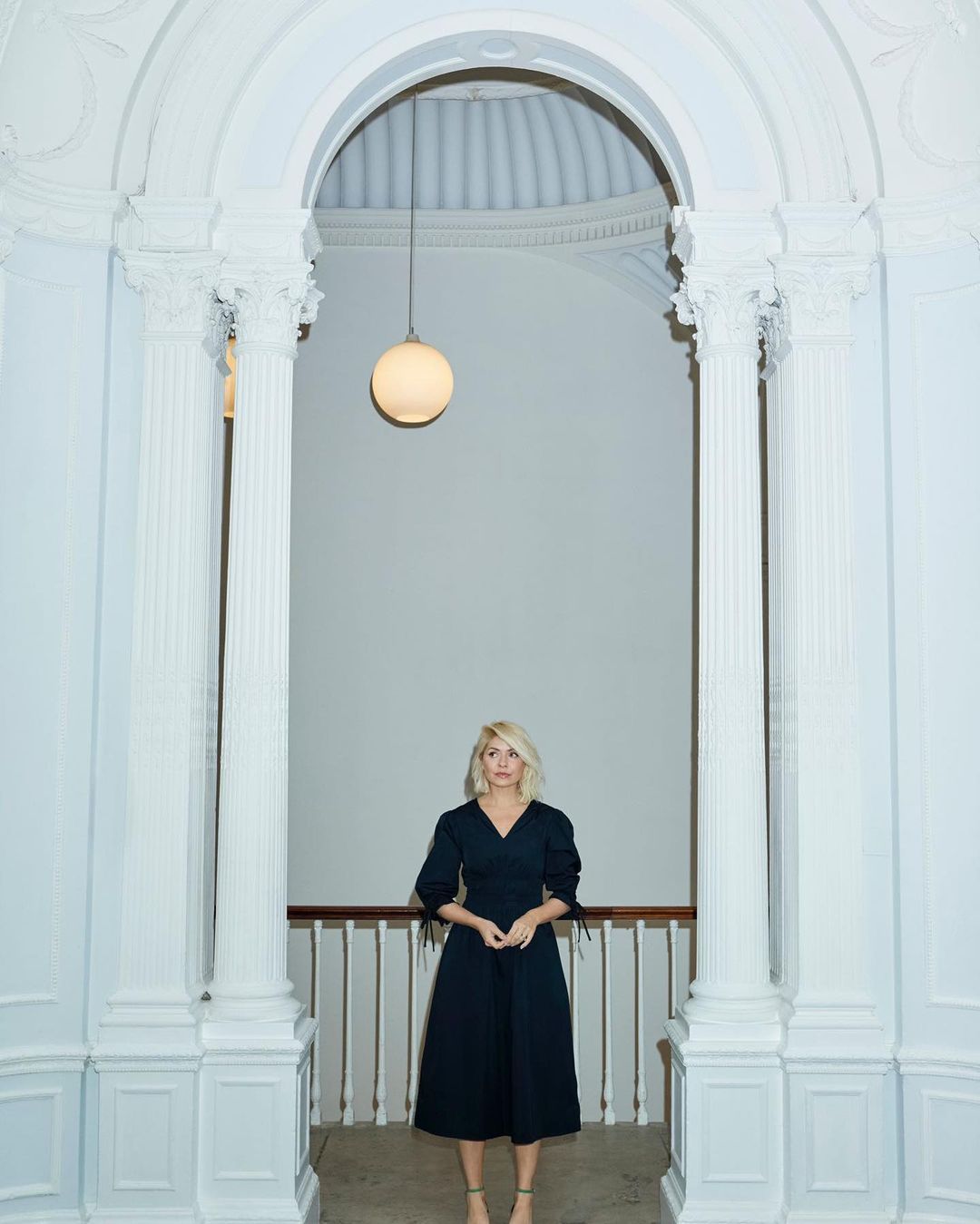 where to get all Holly Willoughby outfits dresses black waisted midaxi dress green kitten heels 18 March 2023 Photo M&S