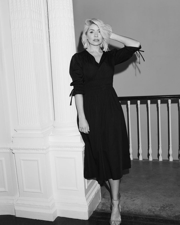where to get all Holly Willoughby outfits dresses black waisted midaxi dress green kitten heels 18 March 2023 Photo M&S