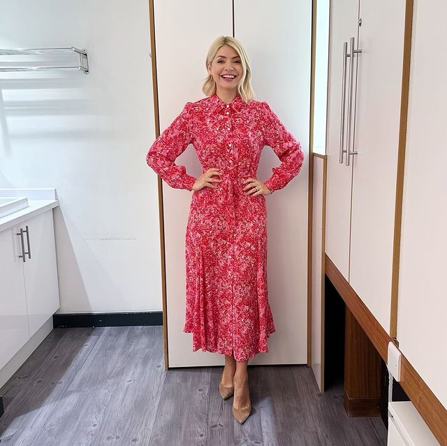 where to get all Holly Willoughby This Morning outfits dresses pink floral shirt dress nude suede court shoes 1 March 2023 Photo Holly Willoughby