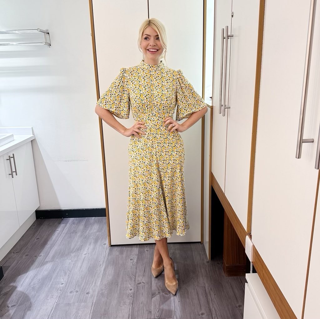 where to get all Holly Willoughby This Morning outfits dresses yellow buttercuo midi dress nude suede court shoes 23 March 2023 Photo Holly Willoughby