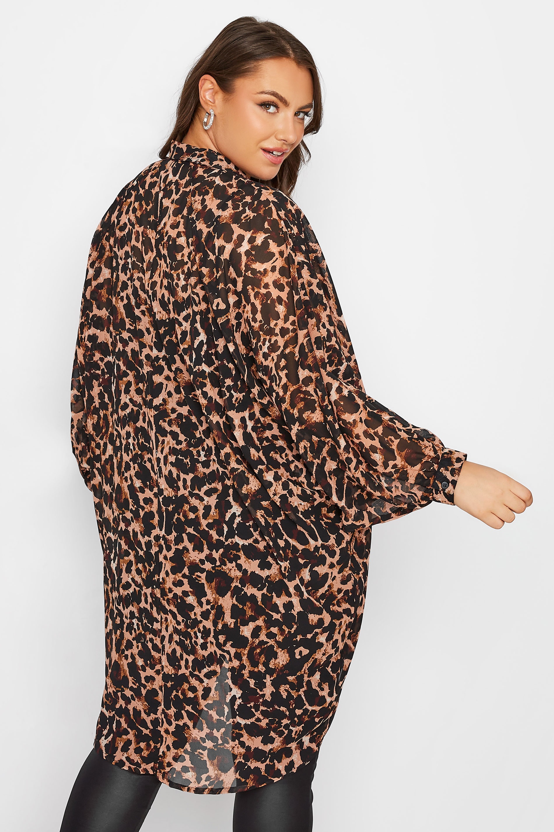 YOURS Curve Brown Leopard Print Extreme Dipped Hem Shirt back view
