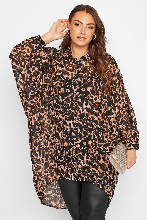 YOURS Curve Brown Leopard Print Extreme Dipped Hem Shirt