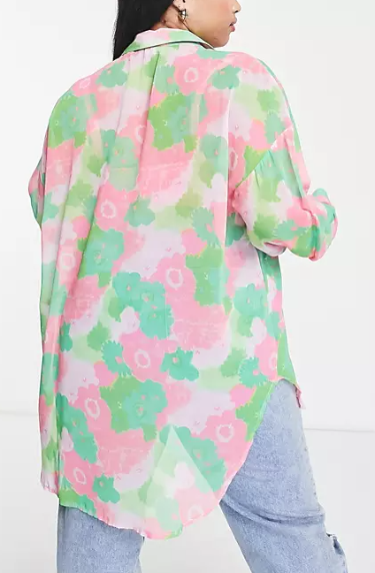 ASOS DESIGN Curve exclusive oversized sheer shirt in green &amp; pink floral back view