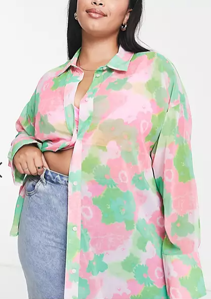 ASOS DESIGN Curve exclusive oversized sheer shirt in green &amp; pink floral