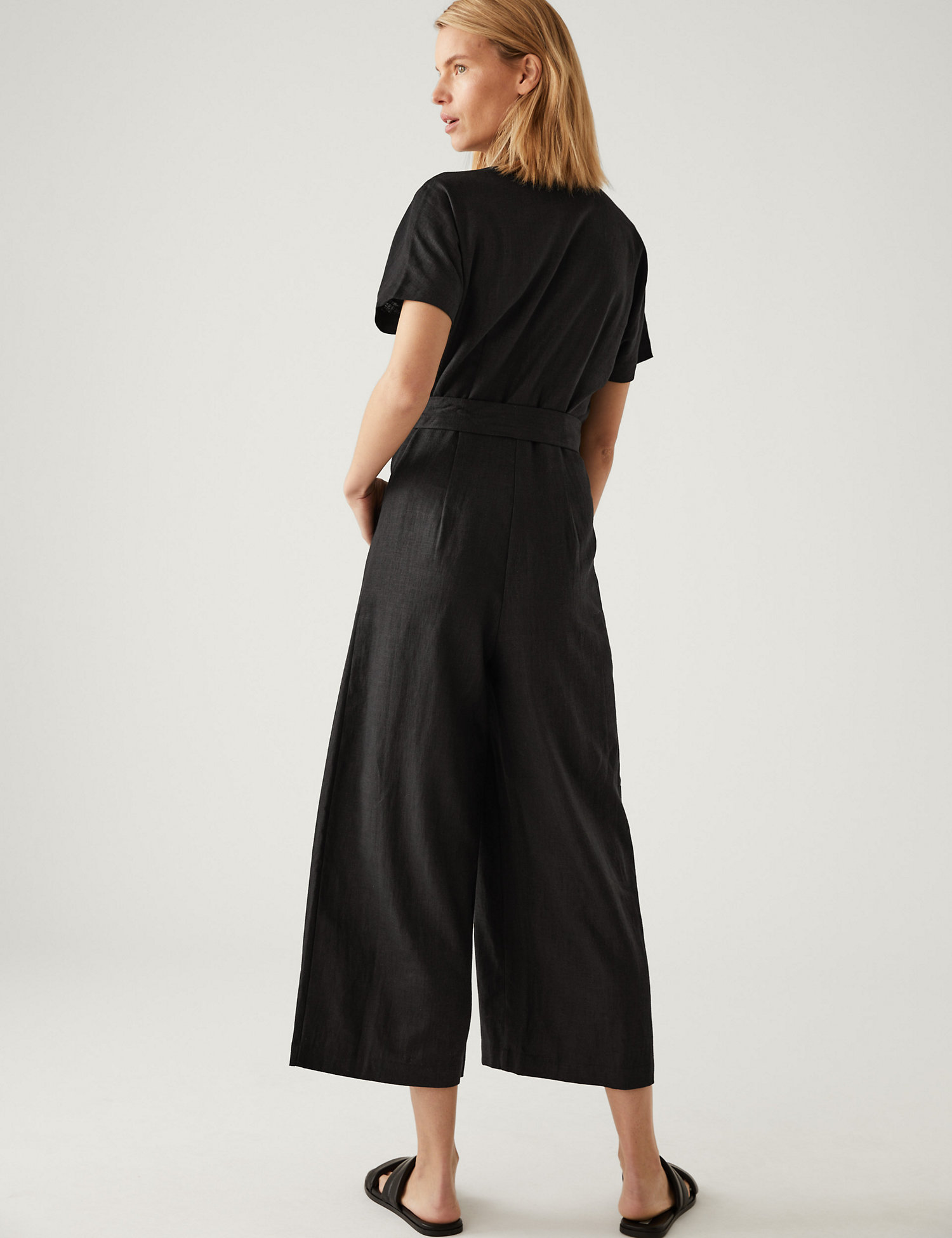 M&amp;S Linen Blend Belted Cropped Jumpsuit back view