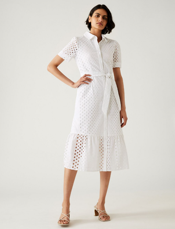 M&amp;S Pure Cotton Broderie Belted Midi Shirt Dress