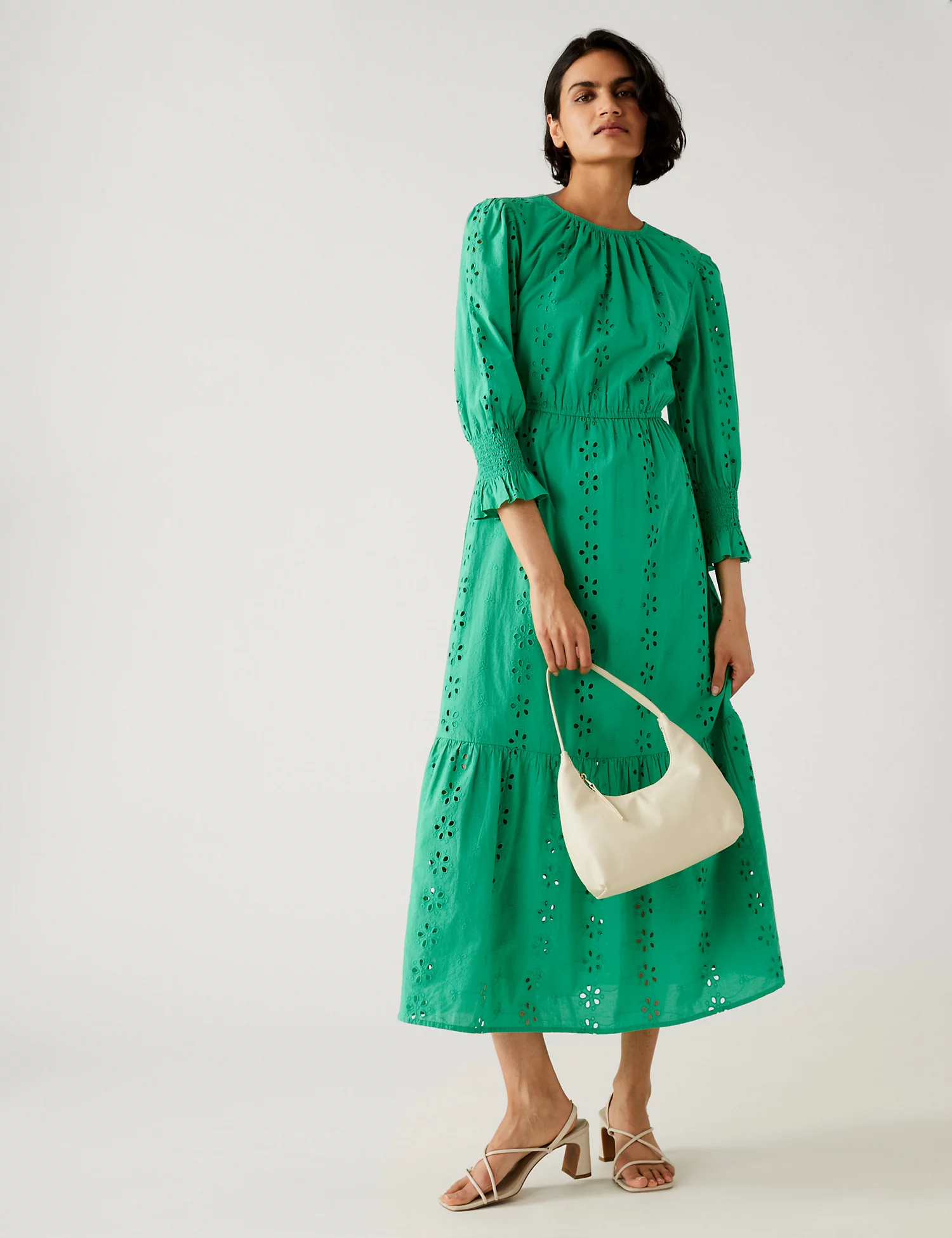 M&amp;S Pure Cotton Broderie Midi Waisted Dress