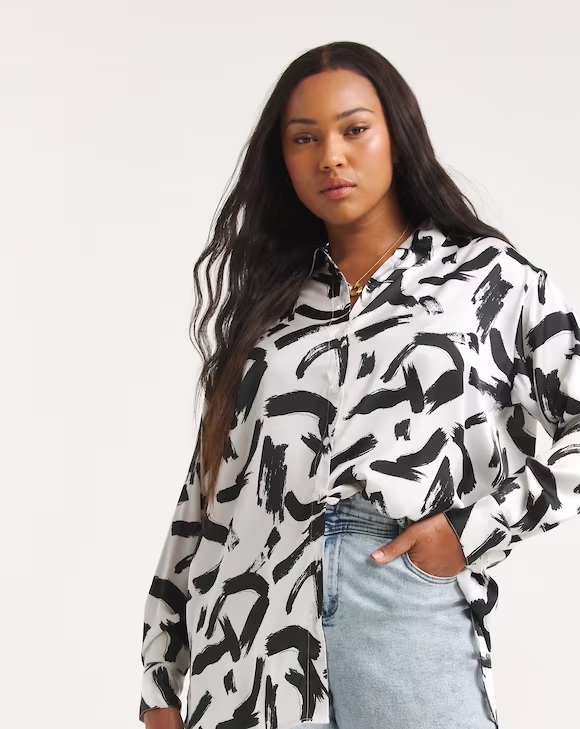 Simply Be Mono Print Long Sleeve Satin Shirt