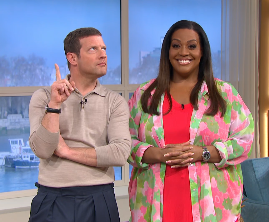 where to get all Alison Hammond This Morning outfits pink and green floral sheer shirt 31 March 2023 Photo ITV