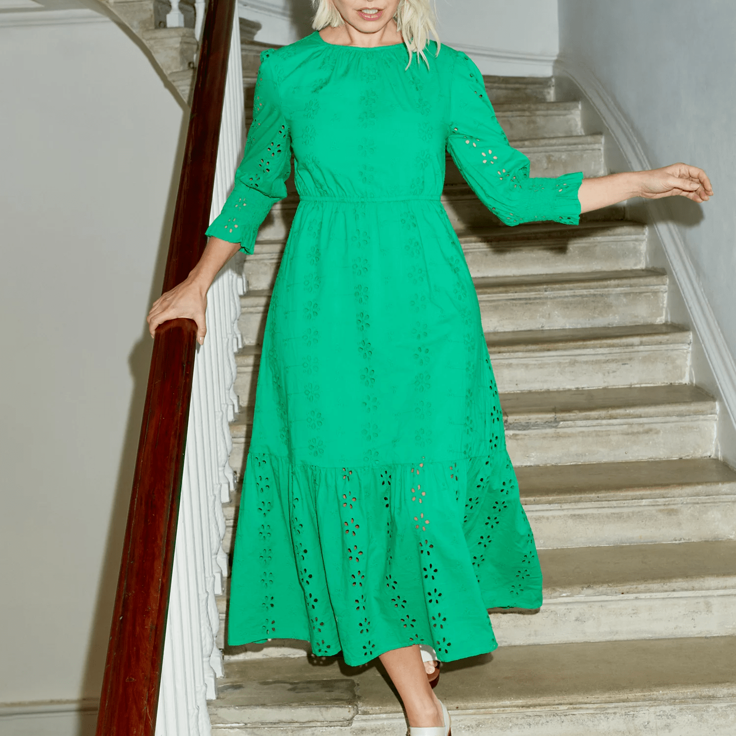 where to get all Holly Willoughby dresses green broderie anglaise midi dress white wooden platform sandals 13 April 2023 Photo M&S