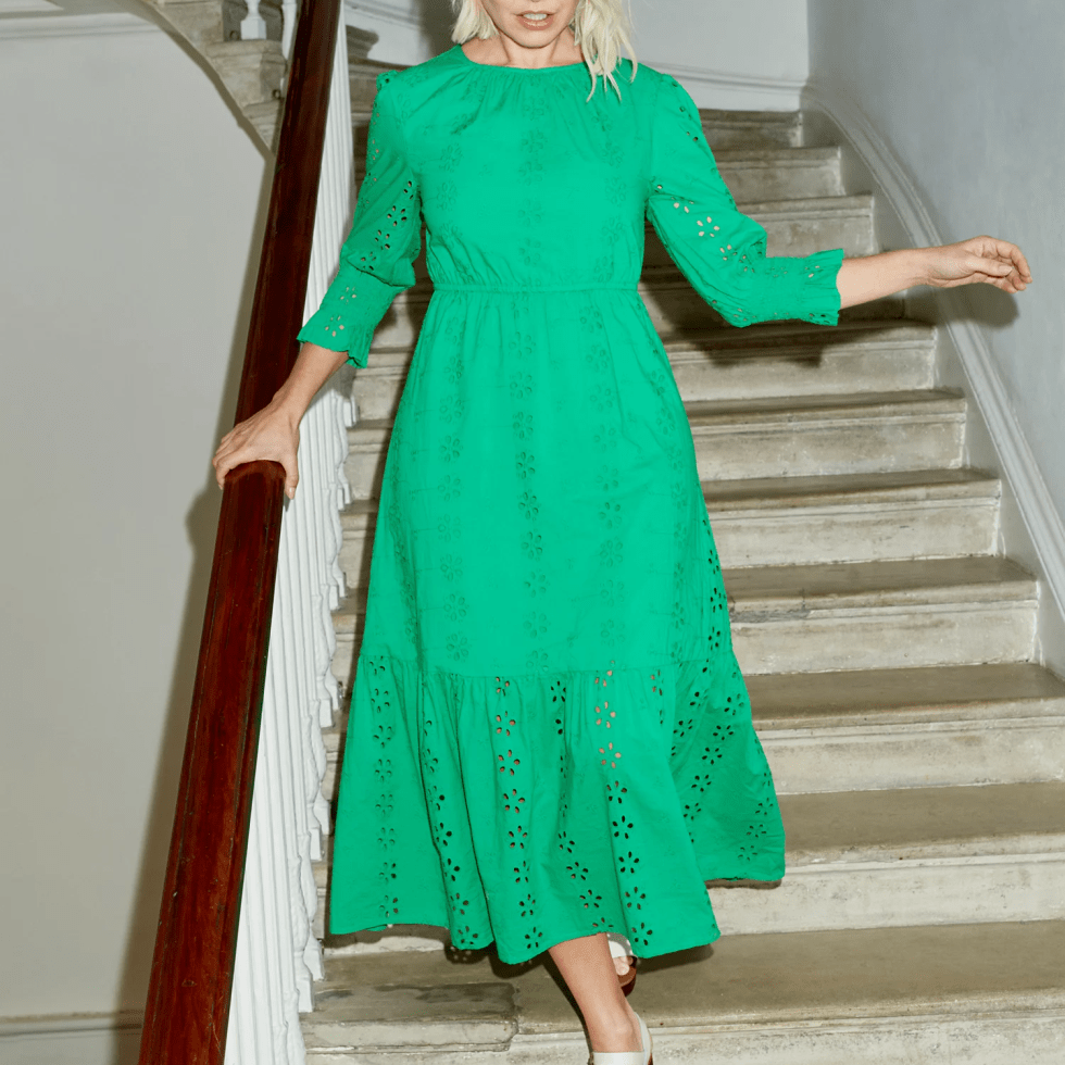 where to get all Holly Willoughby dresses green broderie anglaise midi dress white wooden platform sandals 13 April 2023 Photo M&S