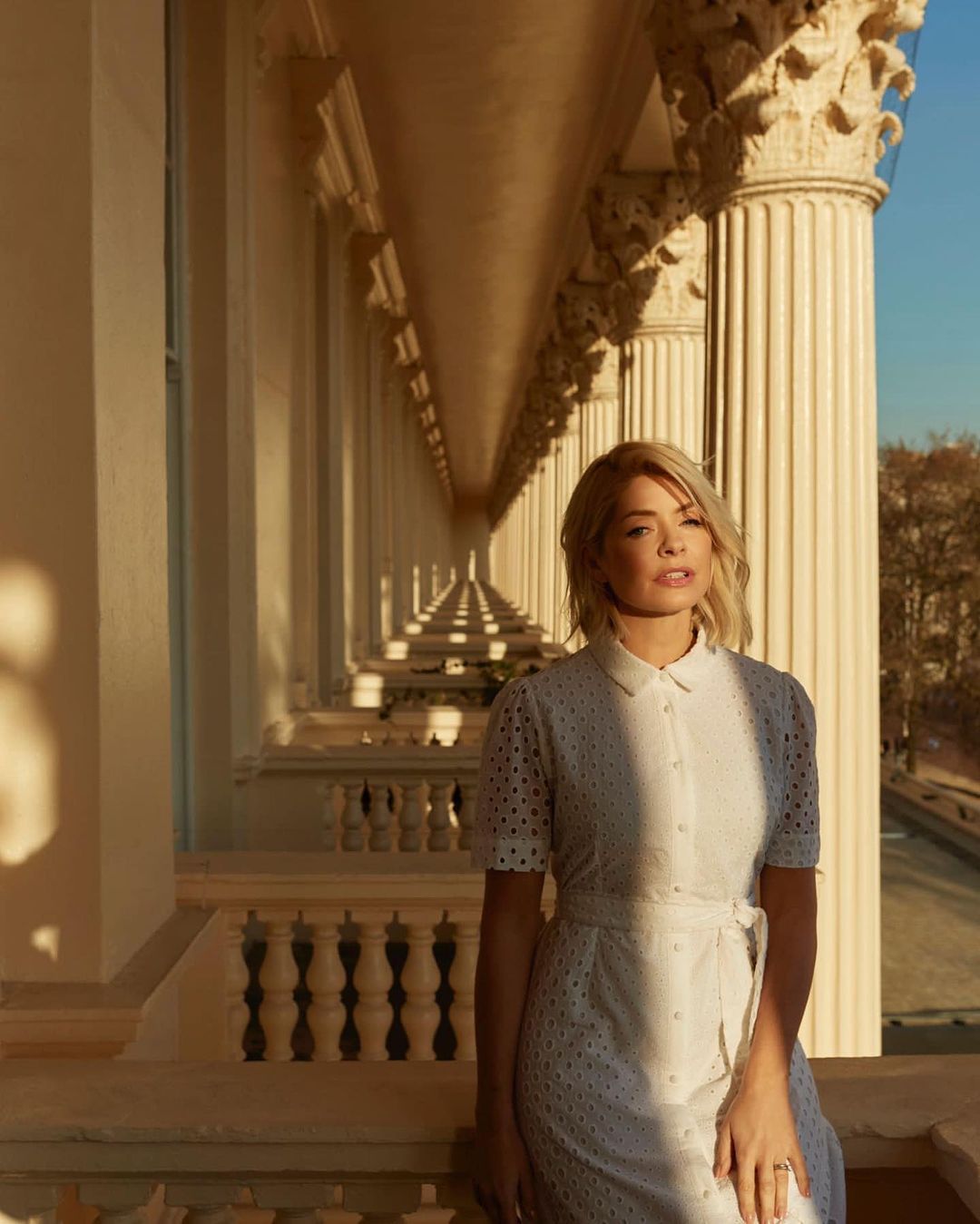 where to get all Holly Willoughby outfits dresses white broderie anglaise shirt dress 24 April 2023 Photo M&S