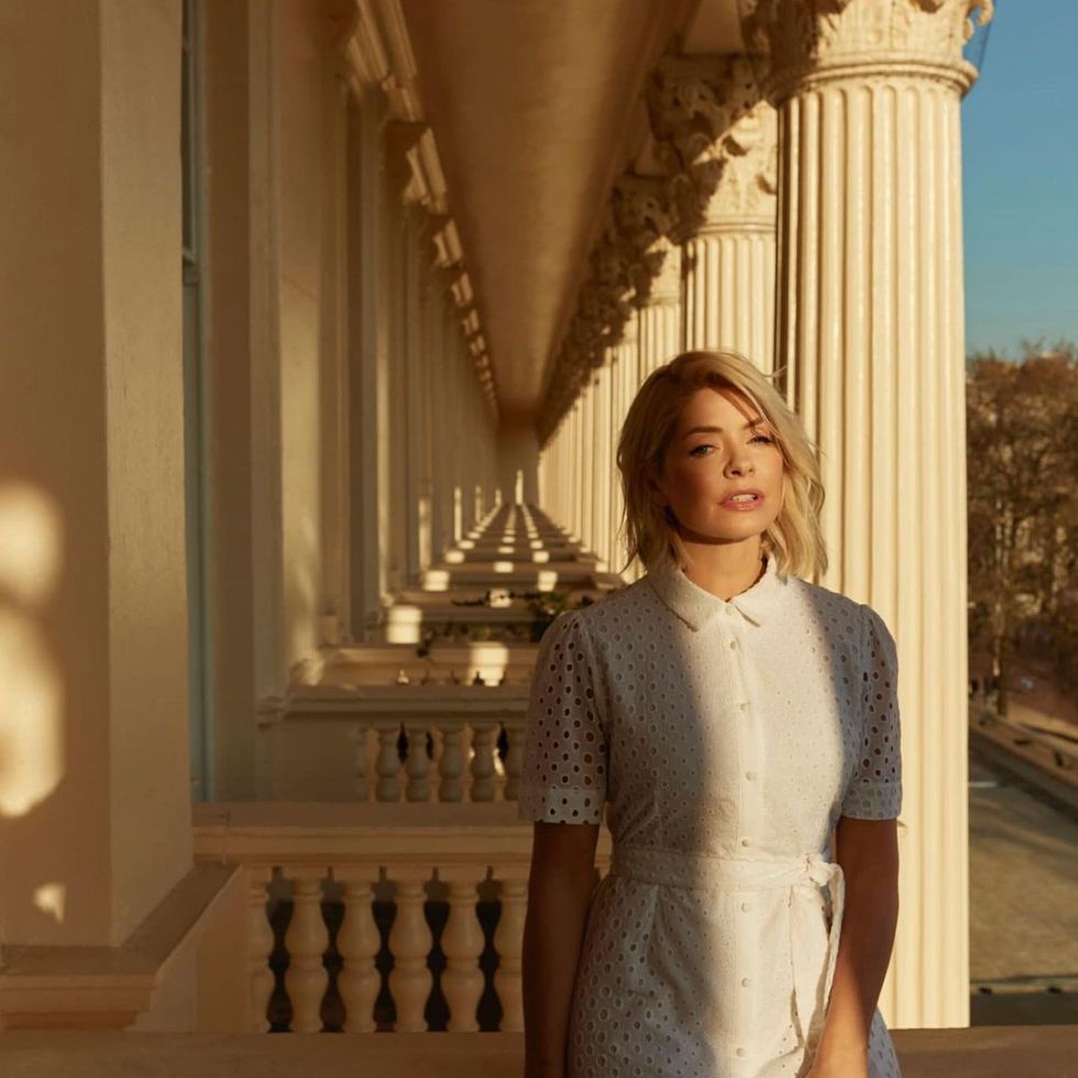 where to get all Holly Willoughby outfits dresses white broderie anglaise shirt dress 24 April 2023 Photo M&S