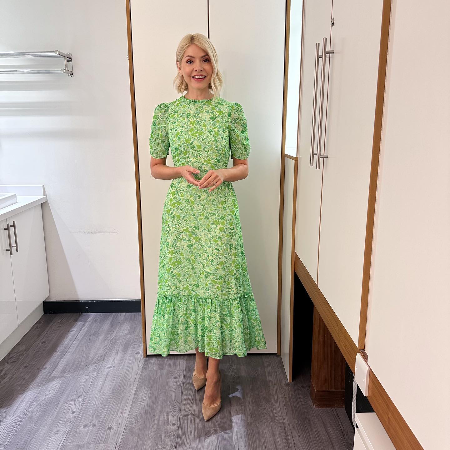 where to get all Holly Willoughby This Morning dresses green floral frill neck midi dress nude suede court shoes 24 April 2023