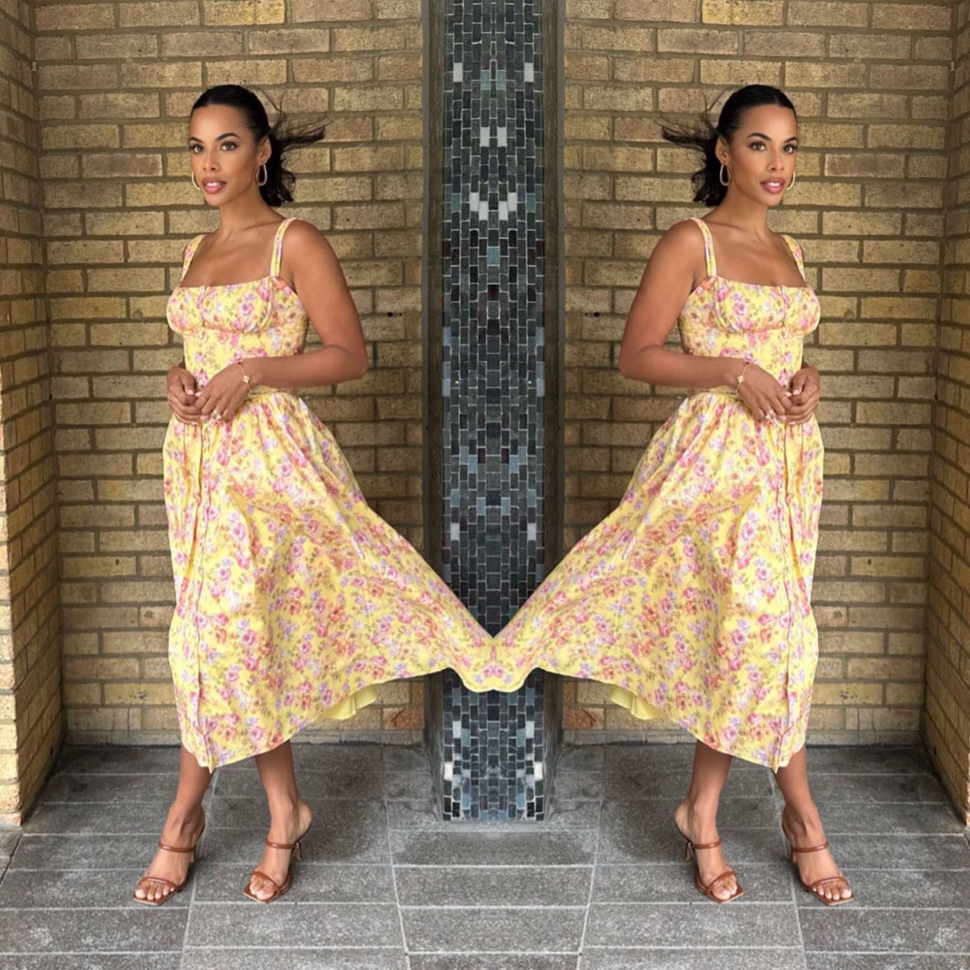 where to get all Rochelle Humes This Morning dresses yellow floral button front sun dress brown strappy sandasl mules 19 April 2023 Photo Amber Jackson