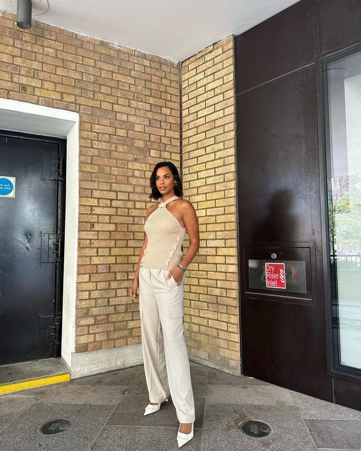 where to get all Rochelle Humes This Morning outfits beige knot knit halter stone cargo trousers white buckle slingbacks 20 April 2023 Photo Amber Jackson