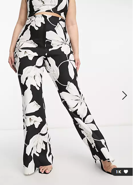 ASOS LUXE Curve co-ord flared suit trouser in black &amp; white floral print