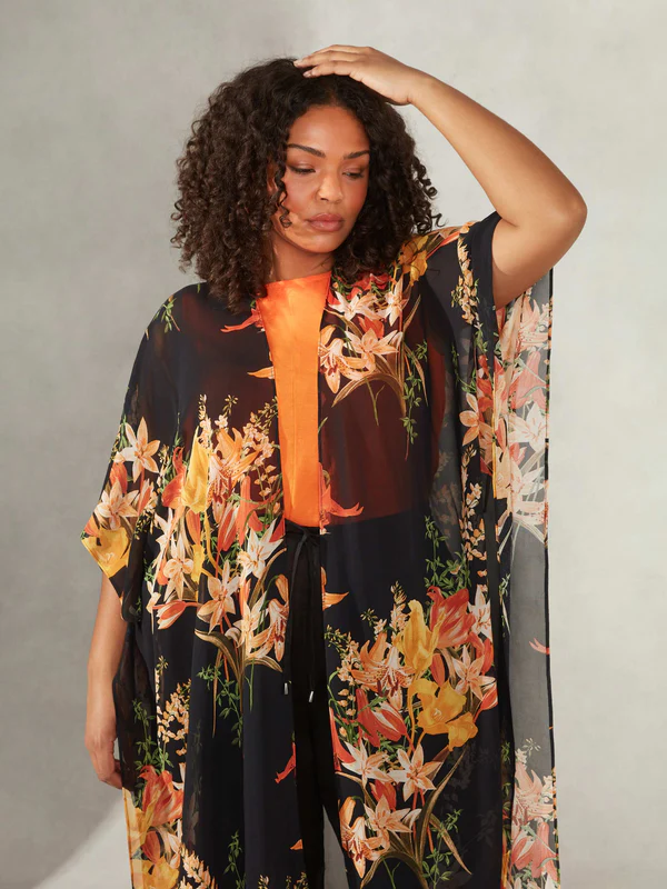 Live Unlinited Black Tropical Floral Print Kimono v2