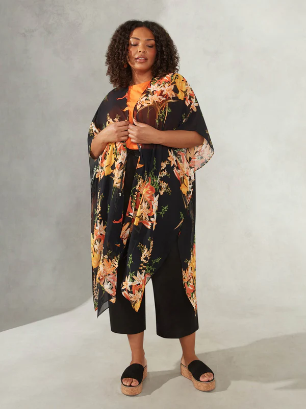 Live Unlinited Black Tropical Floral Print Kimono