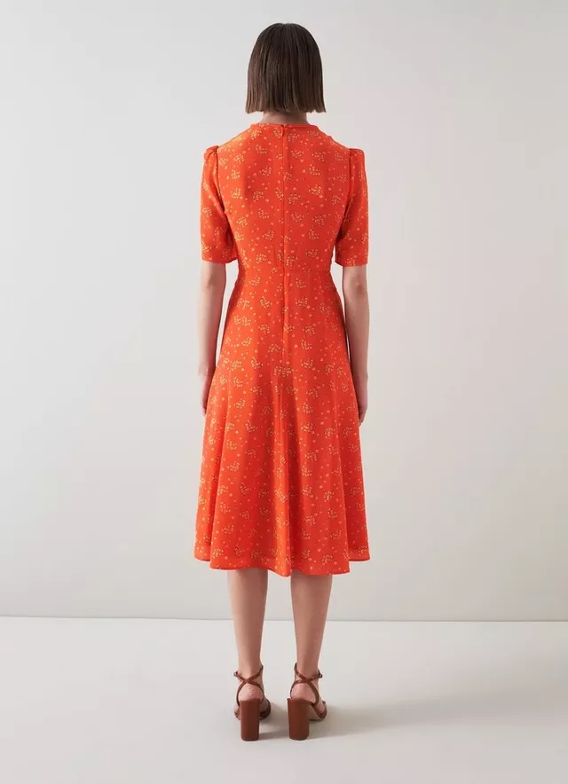 LK Bennett Montana Orange Flower Bow Print Silk Tea Dress back view