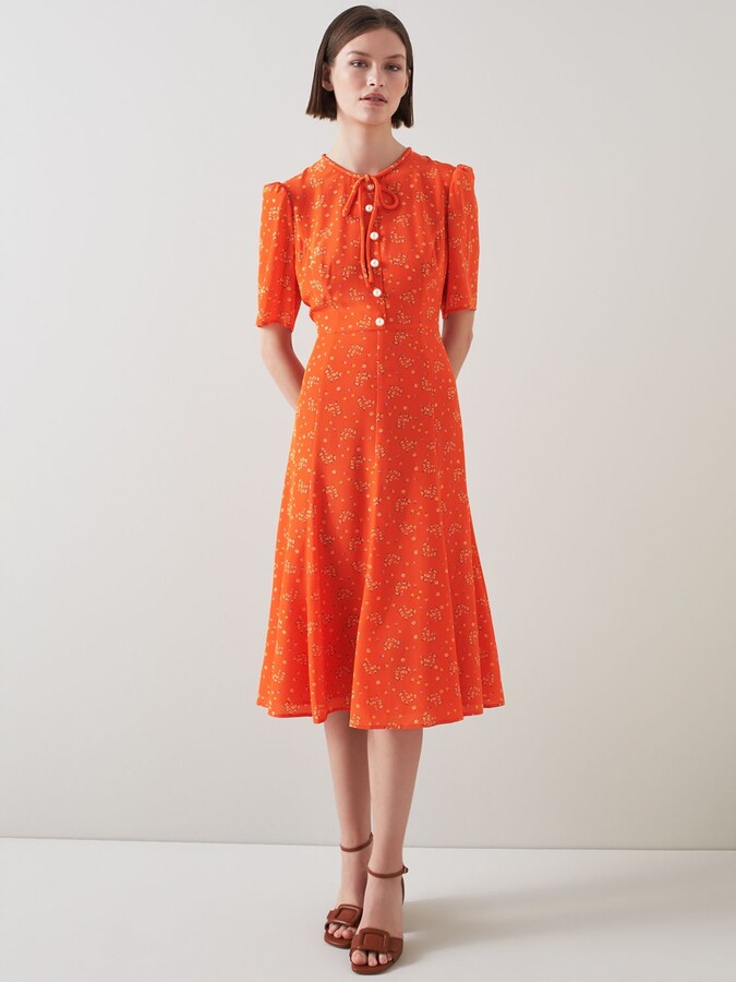 LK Bennett Montana Orange Flower Bow Print Silk Tea Dress