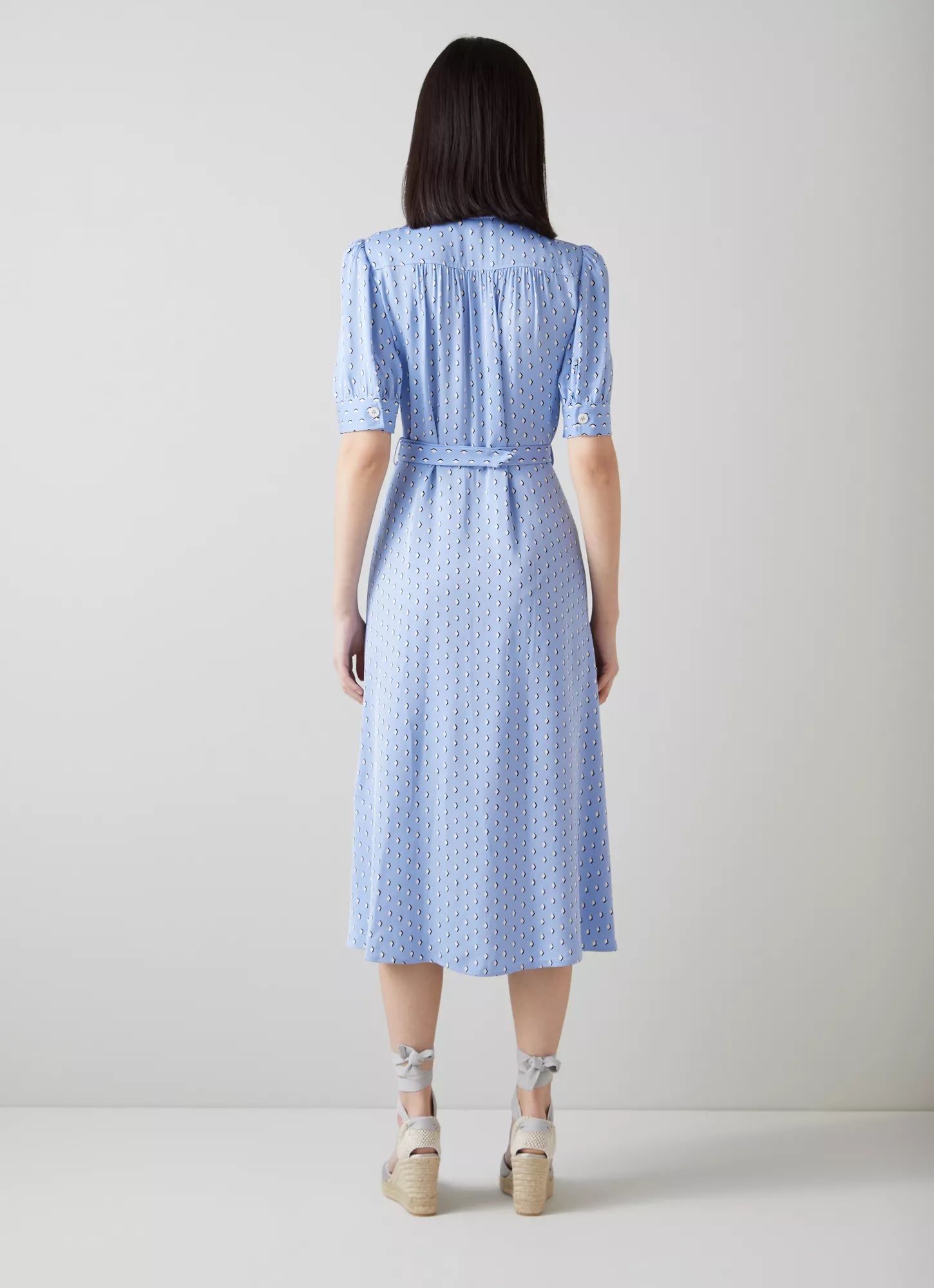 LK Bennett Valerie Blue and Cream Graphic Diamond Print Shirt Dress back view