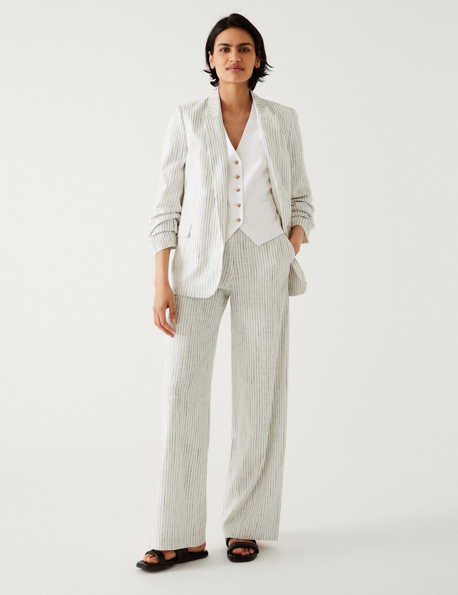 M&amp;S Linen Blend Striped ruched Sleeve Blaezr