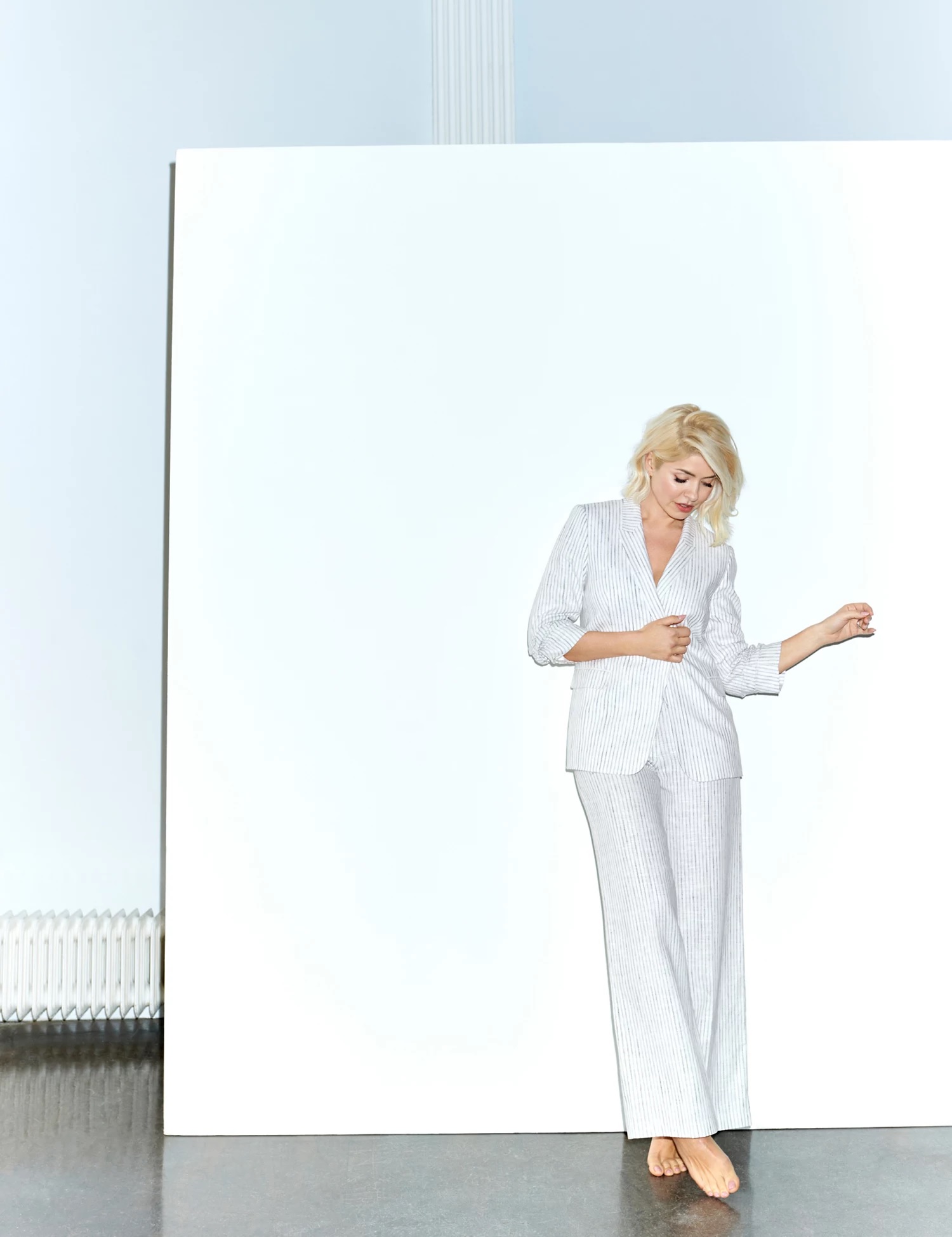 where to get all Holly Willoughby outfits ivory striped blazer and trousers 7 May 2023 Photo M&S
