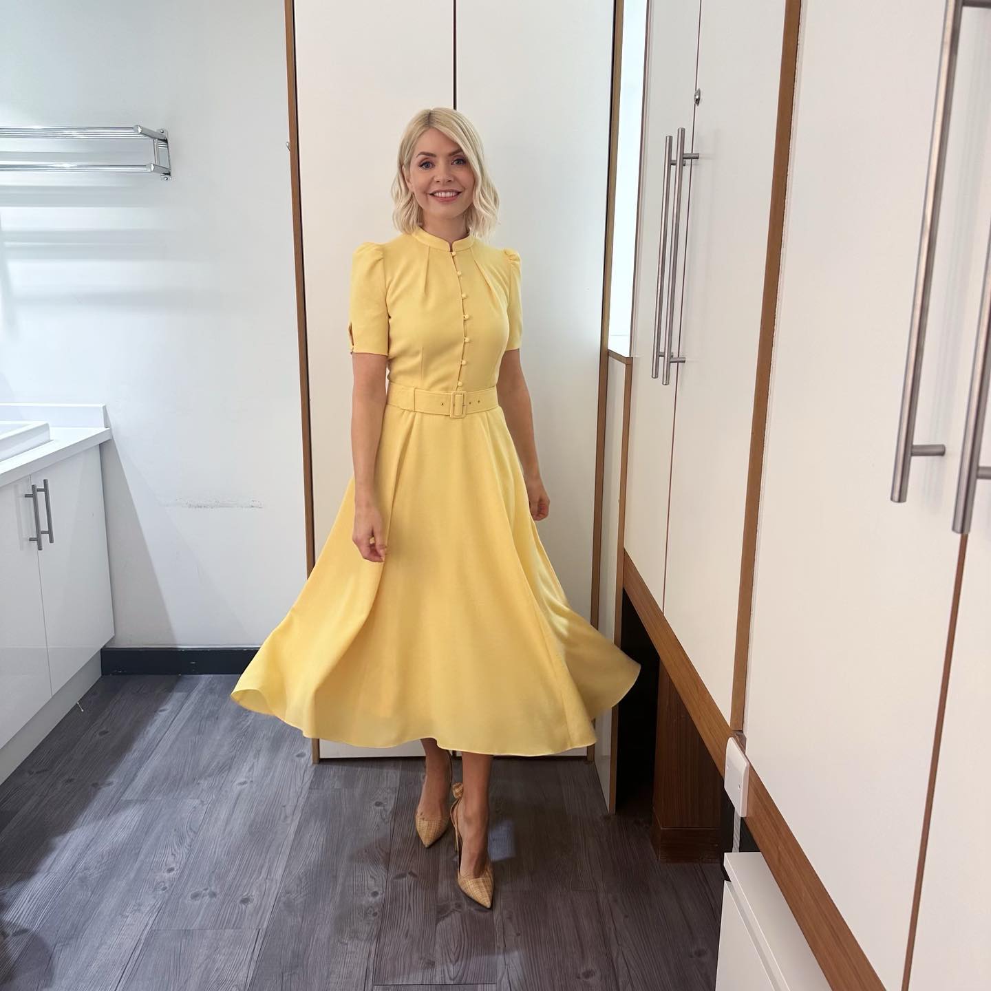 where to get all Holly Willoughby This Morning dresses lemon yellow short sleeve dress beige bow tie shoes 17 May 2023 Photo Holly Willoughby