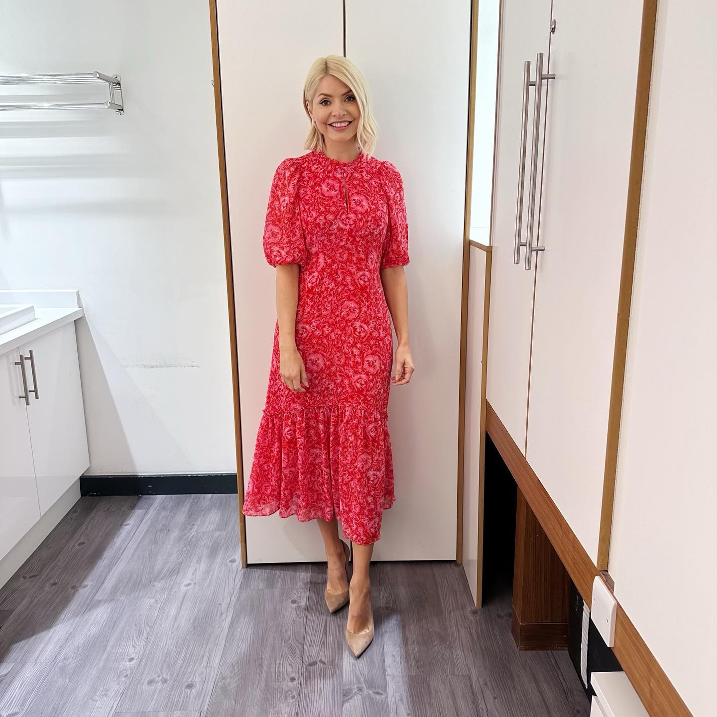 where to get all Holly Willoughby This Morning dresses pink clouded floral midi dress nude suede court shoes 18 May 2023 Photo Holly Willoughby